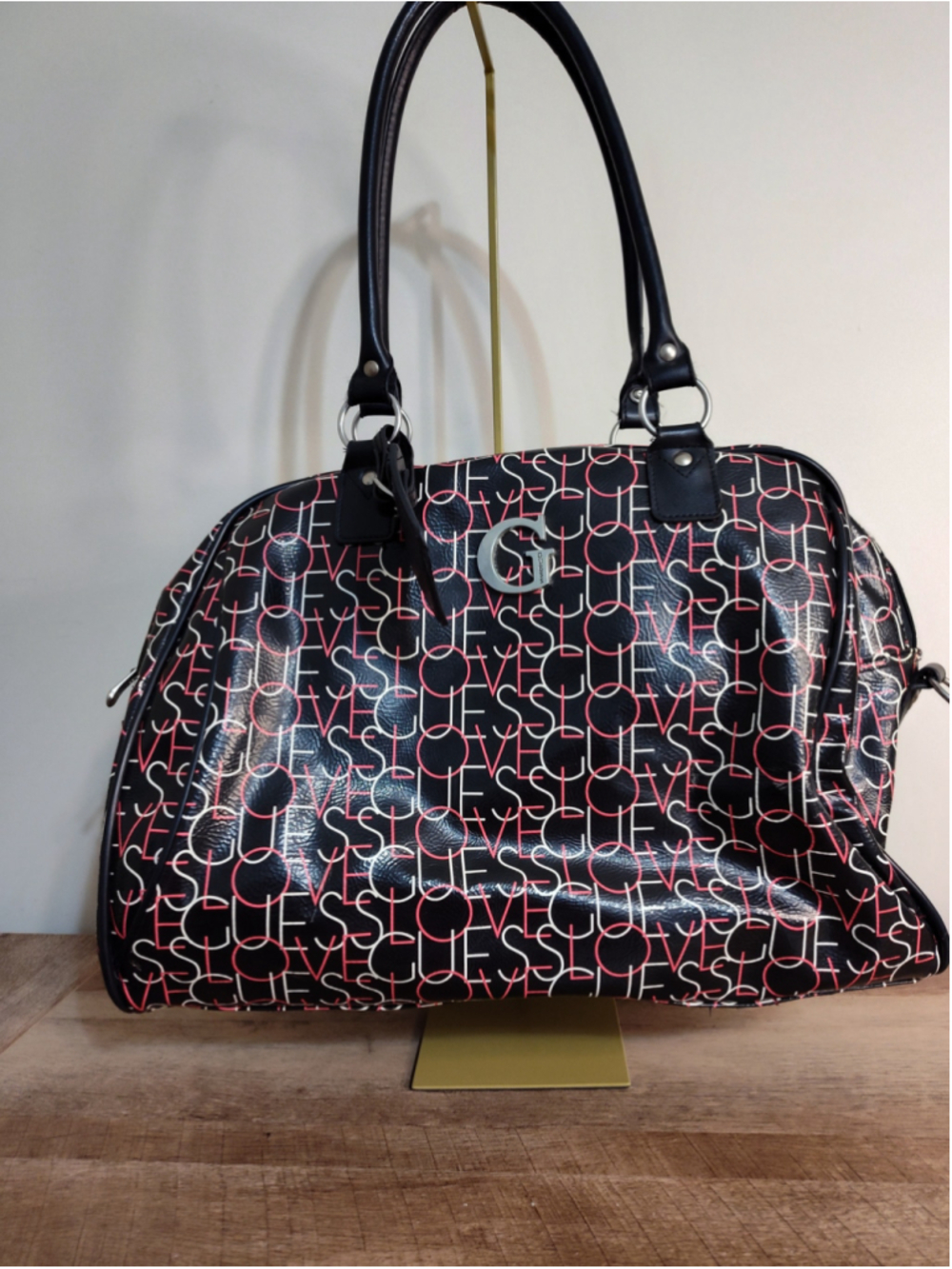 Women's Guess Satchel Bag One Size Black and White Logo Print